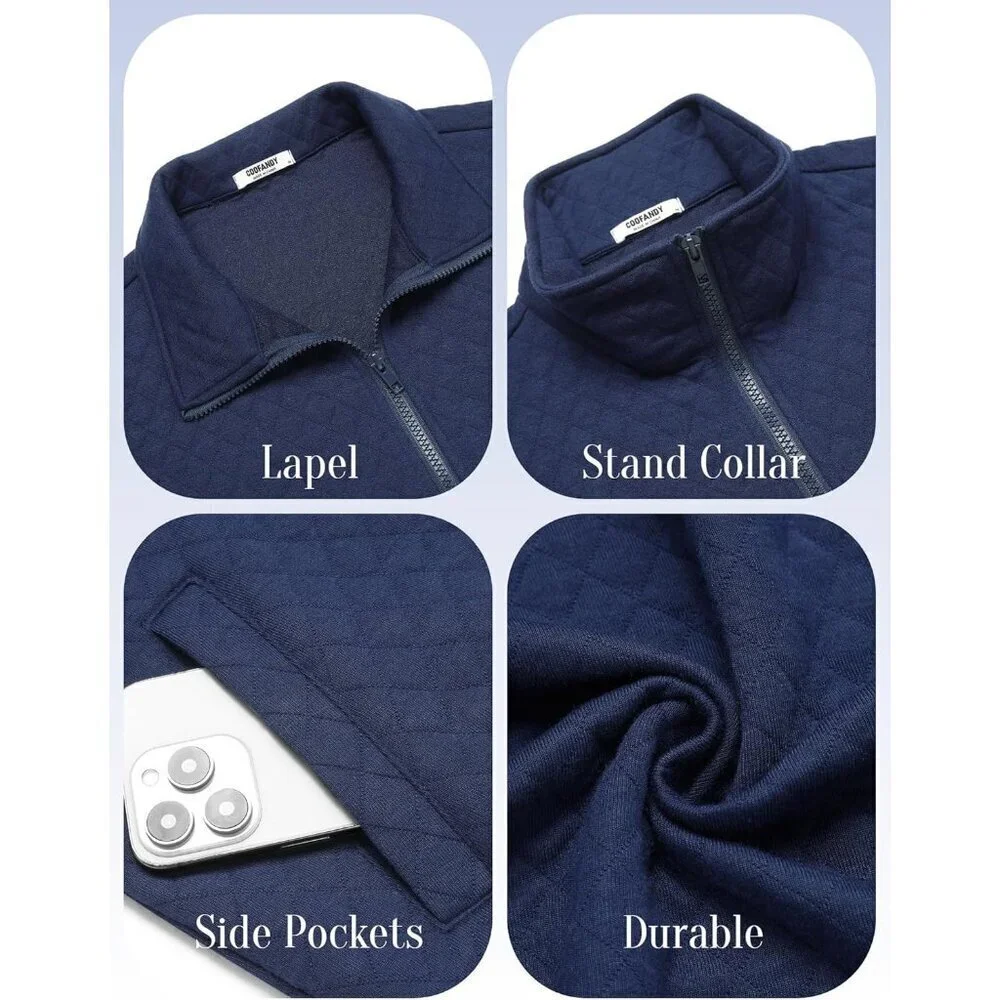 COOFANDY Men Navy Blue Zip Up Mock Neck Quilted Lightweight Sweater Jacket